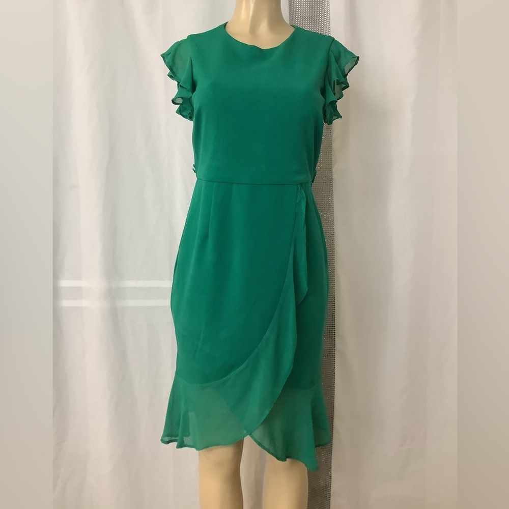 Selby Green High Low Dress with Ruffle Sleeves